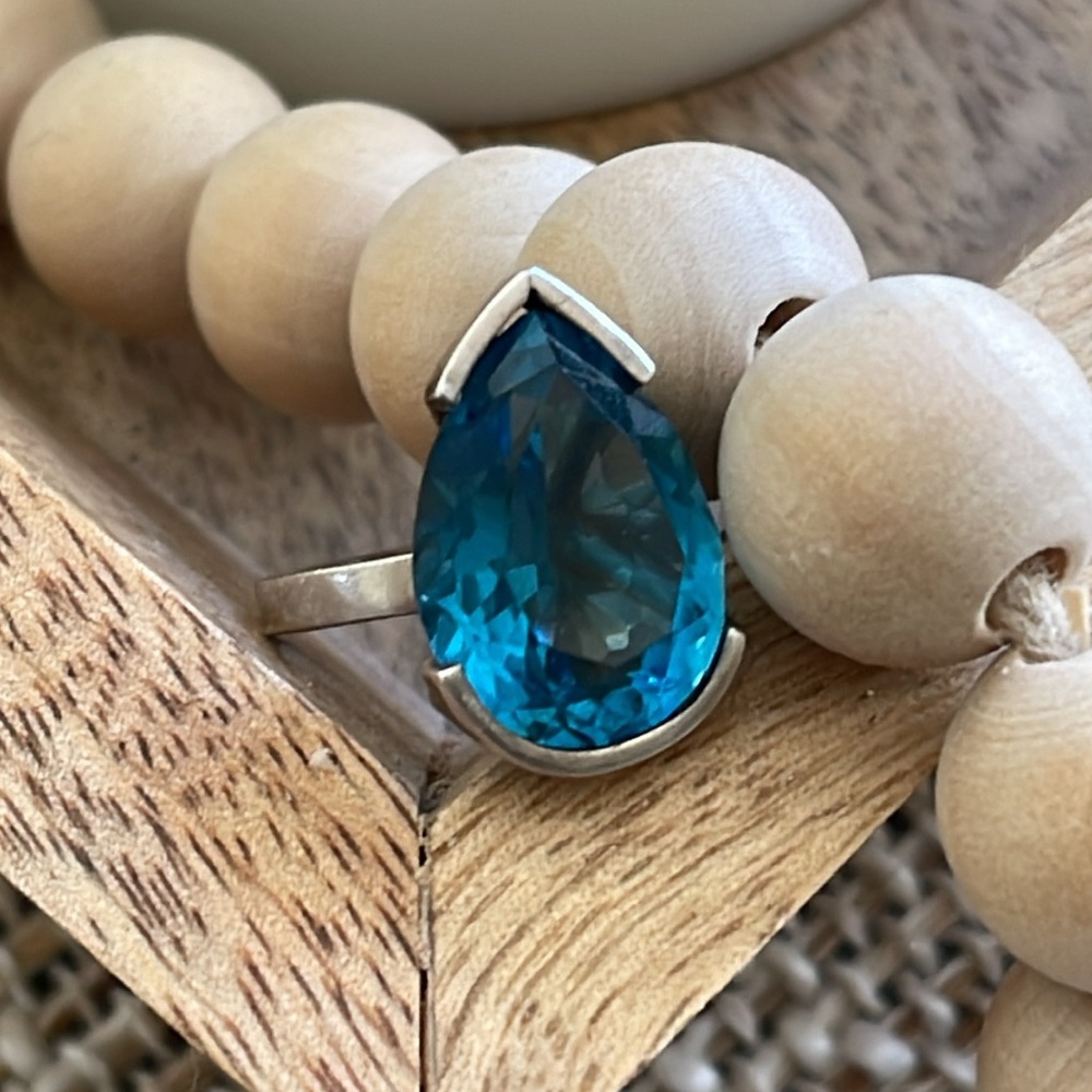 Sterling Silver Blue CZ Teardrop Solitaire Ring